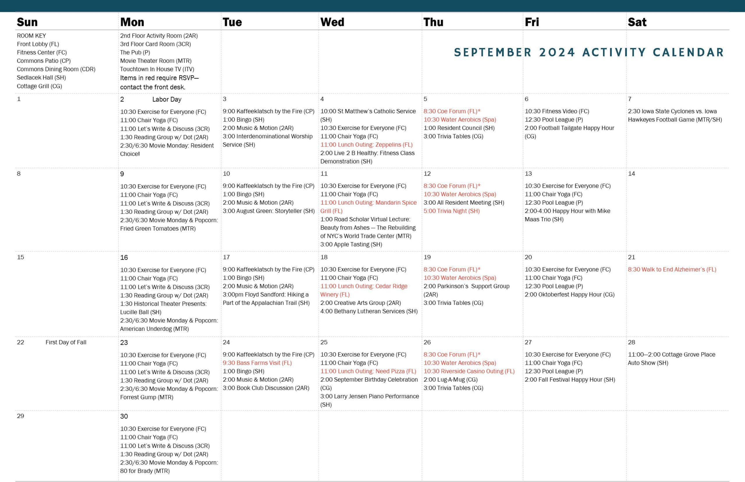 September Activities Calendar