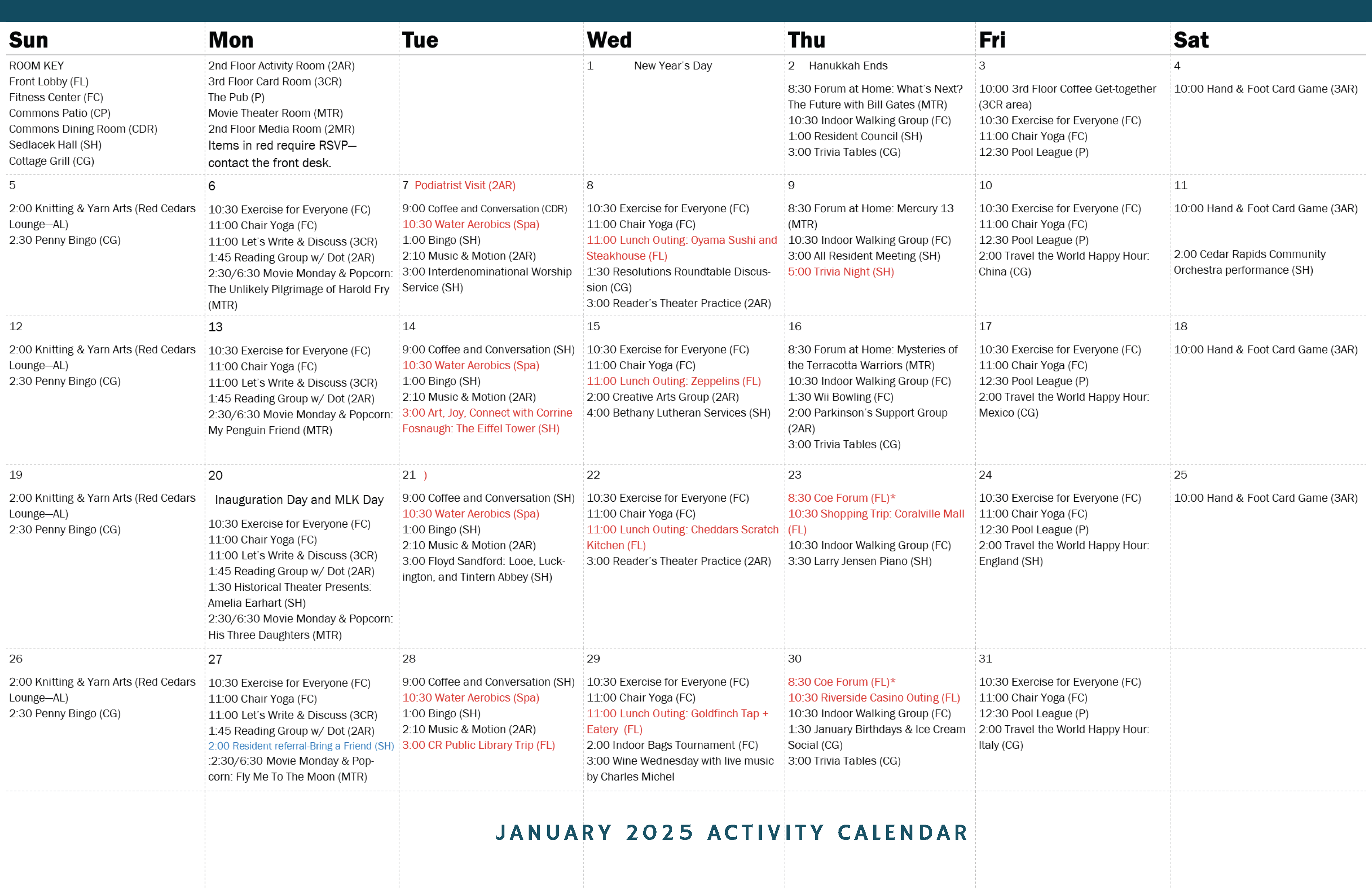 January Activities Calendar